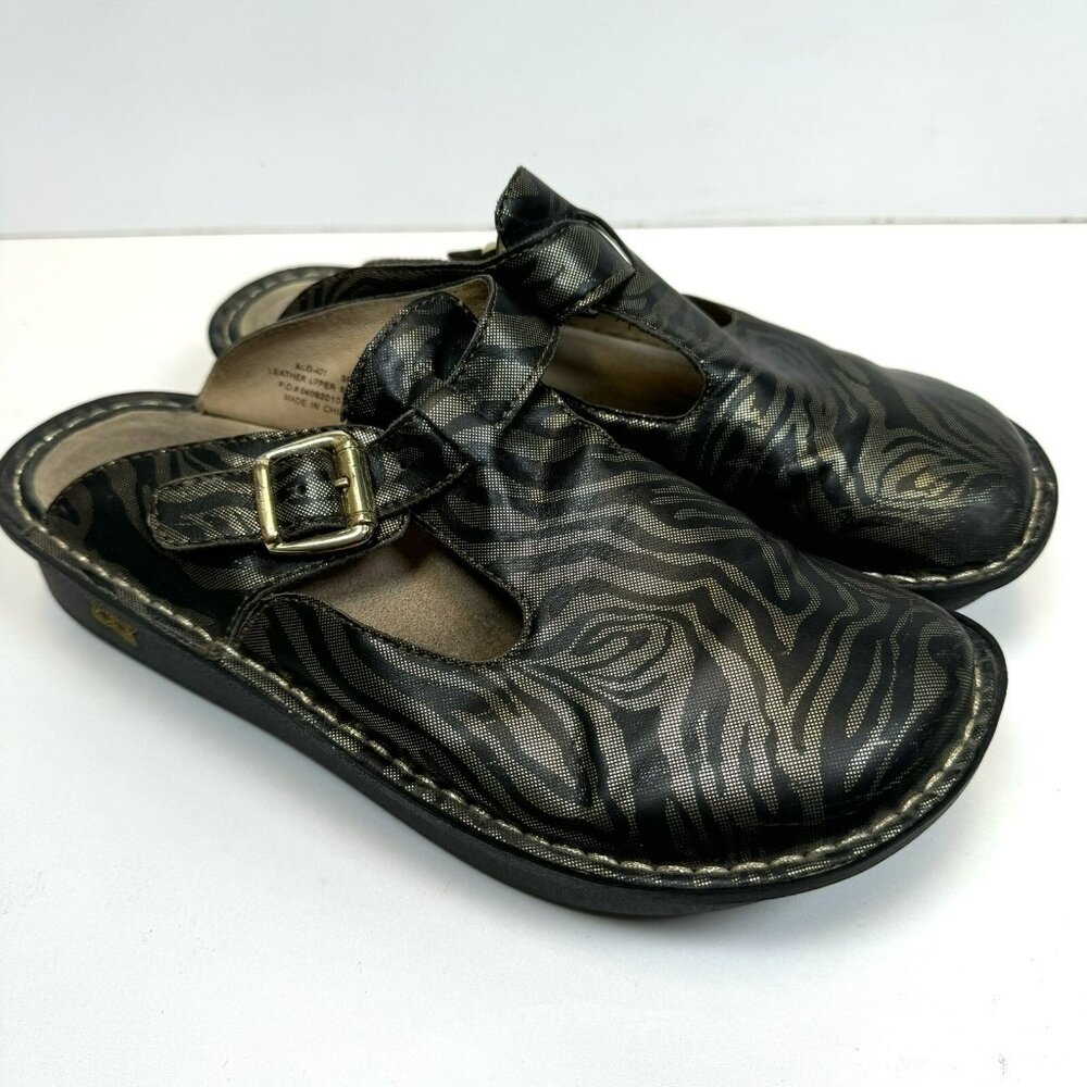 Alegria Safari Slip On Zebra Shoes Gold Black Metallic ALG-421 Women Sz 39 US 9